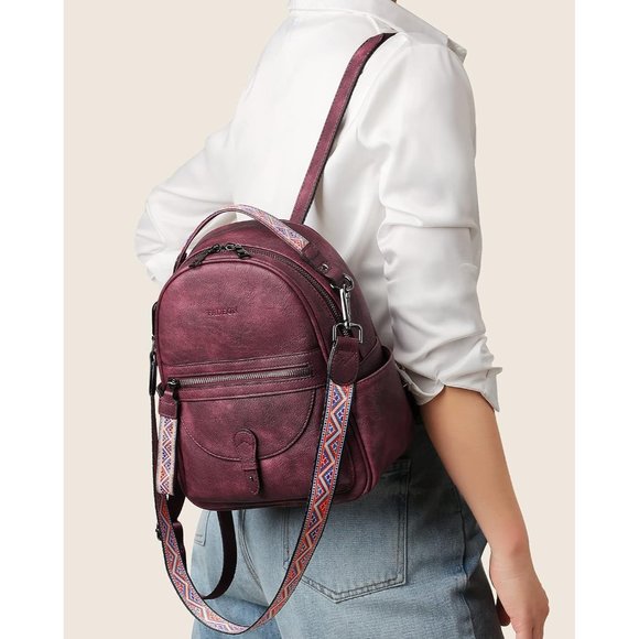 Women Wine Red Retro Style Leather Cute Roomly Shoulder Backpack
